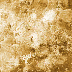 Gold ink and watercolor texture on white paper background. Paint leaks and decalcomania effects. Hand-painted gouache abstract image. Mess on the canvas.