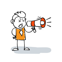 Cartoon Stick man shouting or screaming in loudspeaker. Stick figure drawing angry businessman yelling through megaphone. Stickman using megaphone to talk with other. Leadership and marketing concept.