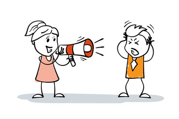 Stick Woman character loud speak with salesman or manager using megaphone. Cartoon stick figure drawing smiling business woman screaming through loudspeaker. Leadership and referral marketing concept.