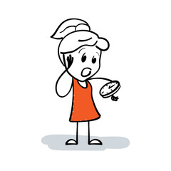 Young stick woman or girl checking time on the watch on her wrist to see how late. Cartoon stick figure drawing worried woman is late for a meeting or date. Girl look at watch. Time management concept