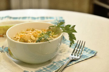 Prepare pilaf. A dish of rice and pieces of meat. Home kitchen. Camera movement