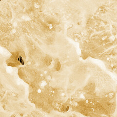 Gold ink and watercolor texture on white paper background. Paint leaks and decalcomania effects. Hand-painted gouache abstract image. Mess on the canvas.