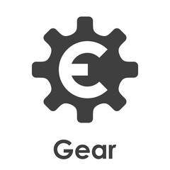 Logotipo con texto Gear y letra E en el interior de silueta de rueda dentada en color gris