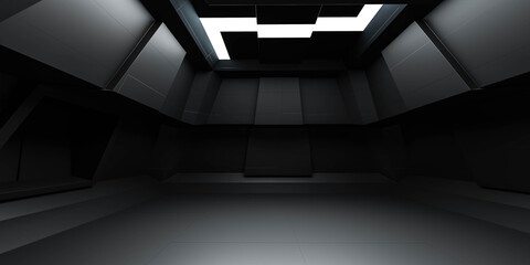 black dark modern futuristic technology concept room building interior with led lights 3d render illustration