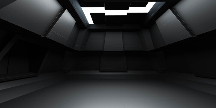 Black Dark Modern Futuristic Technology Concept Room Building Interior With Led Lights 3d Render Illustration