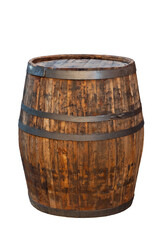 Fototapeta premium Wooden barrel isolated on a white background. Round oak barrel close up.