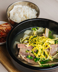 Korean set of short ribs soup kimchi and rice