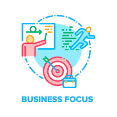 Business Focus Vector Icon Concept. Businessman Focusing On Business Idea And Running To Target, Presentation For Partners Or Investor, Goal Achievement And Management Color Illustration