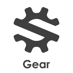 Logotipo con texto Gear y silueta de rueda dentada con forma de letra S en color gris