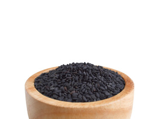 Detailed of, Black sesame kernels in wooden bowl (Macro shot) with copy space.