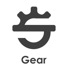 Logotipo con texto Gear y silueta de rueda dentada con forma de letra S en color gris