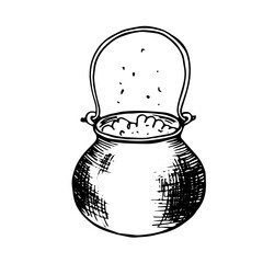 Witchs cauldron with witchcraft potion. The magic elixir is brewed. Hand drawn halloween sketch black outline tattoo engraving. Stock vector illustration isolated on white background.