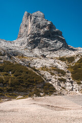 Breathtaking panorama of the Fedaia pass dam in the Dolomites. Border between Trentino Alto Adige and Veneto