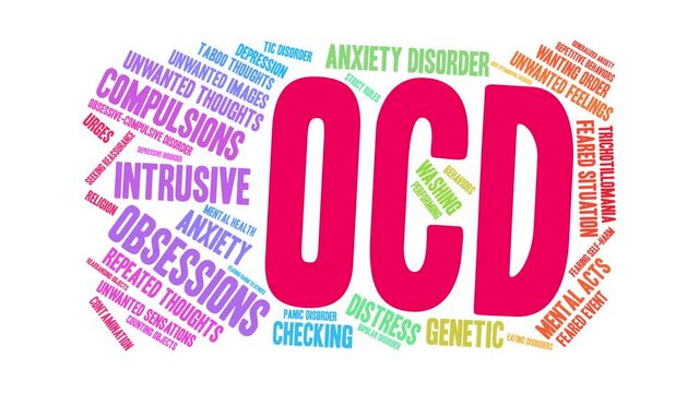 OCD animated word cloud on a white background.