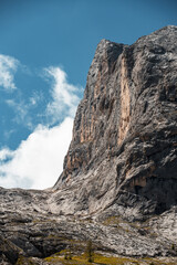 Breathtaking panorama of the Fedaia pass dam in the Dolomites. Border between Trentino Alto Adige and Veneto