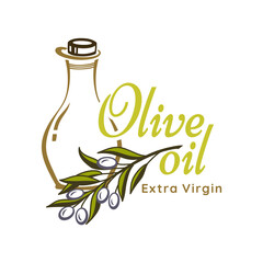 Olive oil bottle and product label templates. icons of green olives branch and extra virgin natural organic oil for farm store or market, cooking and cosmetic or pharmaceutical industry.