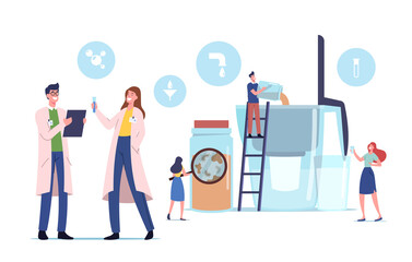 Water Filtration Concept. Tiny Male and Female Characters Pouring Dirty Water in Huge Aqua Filter Jug for Clean Liquid