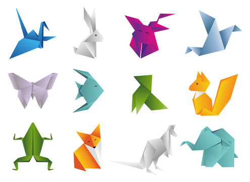 Origami Animals set. Geometric polygon cartoons. Color illustration