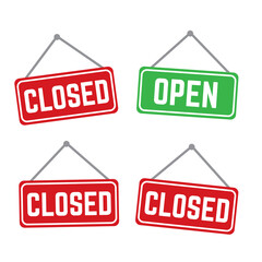 Open and closed vector store signs red and green. Shop banner door open illustration
