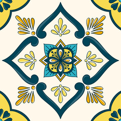 Mexican tile pattern vector seamless with vintage ceramic ornament. Portuguese azulejos, talavera, italian sicily, moroccan or spanish majolica. Mosaic element for kitchen floor or bathroom wall. - 408528578