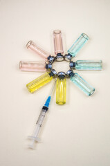 Vaccination covid-19. Syringe and drug vials. Immunization and treatment of infection.