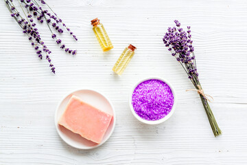 Obraz na płótnie Canvas Lavender essential oil soap and sea salt, top view