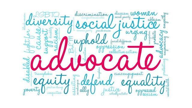 Advocate animated word cloud on a white background.