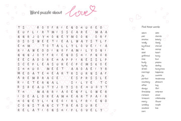 Valentine's day word puzzle crossword - find the listed words about love in the brain work puzzle. attentiveness test, riddle game in English. words are located forward and down
