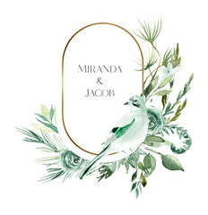 Watercolor boho greenery frame clipart, Woodland watercolor floral borders, Wedding frame with birds, roses and forest greens. Golden greenery frame