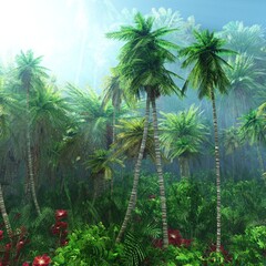 Fototapety  Dżungla, piękny las deszczowy we mgle, palmy we mgle, dżungla rano we mgle, renderowanie 3d