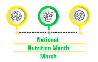 National Nutrition Month concept vector. Event is celebrated every March. Healthy and unhealthy food are shown. Sausage with pasta and mushrooms on a plate. Cauliflower, peppers, carrots