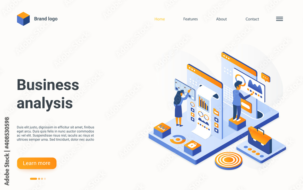 Poster Business analysis concept isometric vector illustration. Cartoon 3d businessman character team analyzing data information, working with database charts on dashboard, digital technology landing page
