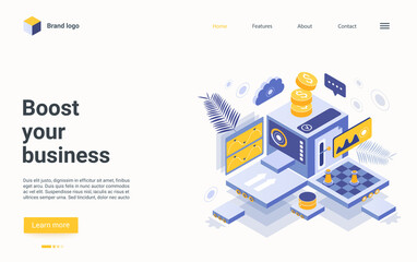 Boost your business isometric landing page design, cartoon abstract machine assisting in process of making money, consulting in business marketing, company management advice vector illustration