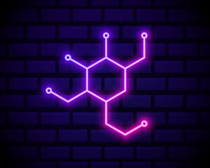 Glowing neon Chemical formula consisting of benzene rings icon isolated on brick wall background. Vector Illustration