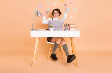 Full size photo of hooray cool short hairdo girl with laptop wear pullover dress shoes isolated on peach background