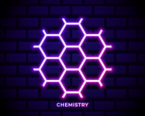 Glowing neon Chemical formula consisting of benzene rings icon isolated on brick wall background. Vector Illustration