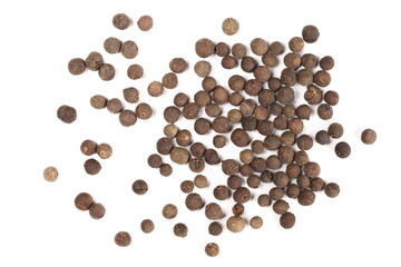 Allspice, pimento spice, Jamaican pepper and shavings isolated on white background, top view