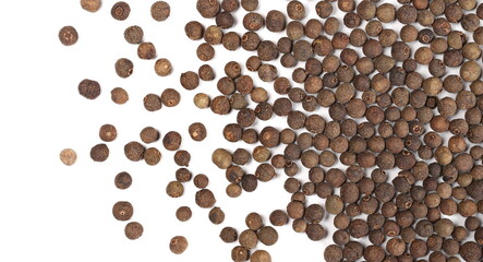Allspice, pimento spice, Jamaican pepper and shavings isolated on white background, top view