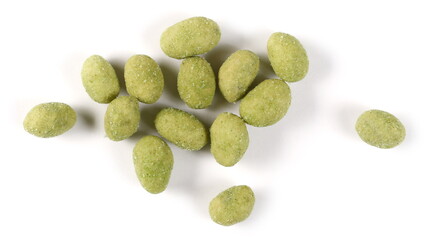 Wasabi coated peanuts isolated on white background, top view