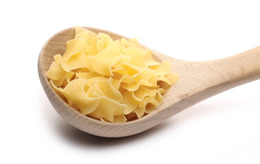 Pasta all'uovo with wooden spoon isolated on white background