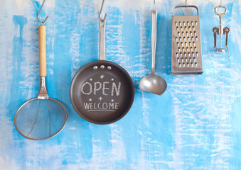 Welcome open sign, restaurant or cafe ready to service after corona lockdown, food and drink...