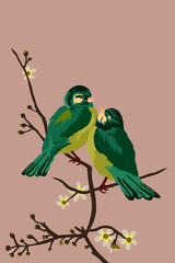 Valentines Day background Illustration of a pair of birds in spring. Vector illustration. Wallpaper, flyers, invitation, posters, brochure, banners.