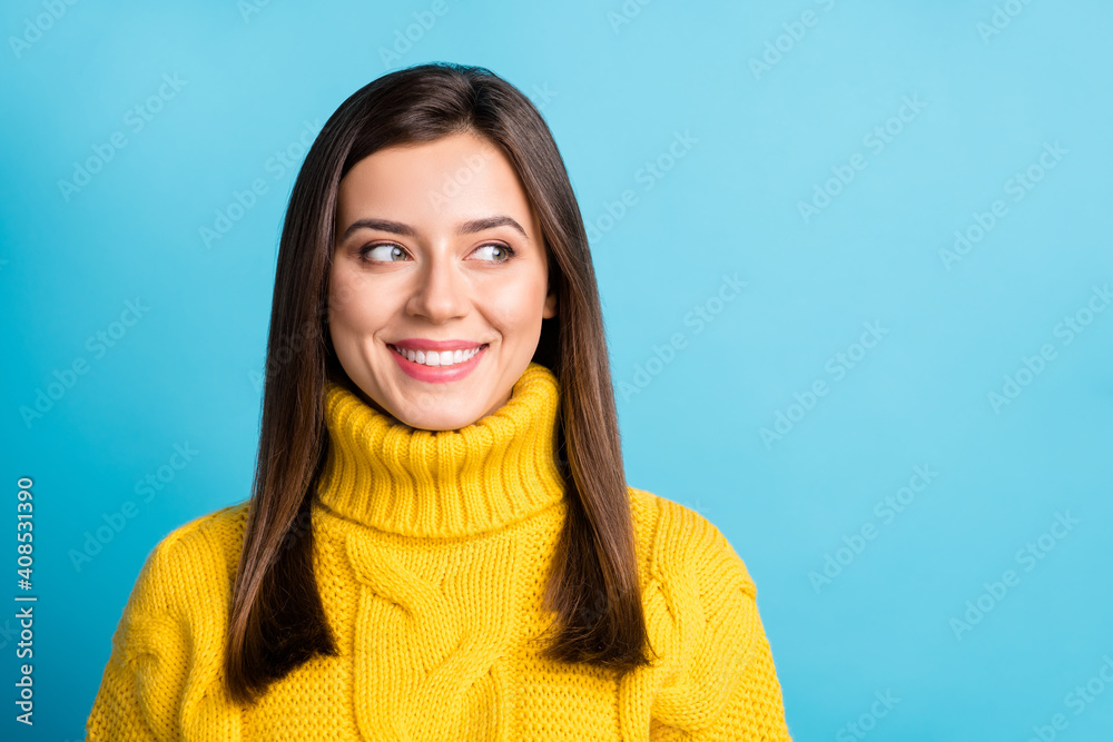 Sticker Close-up portrait of attractive cheerful girl looking aside copy space advert isolated over bright blue color background