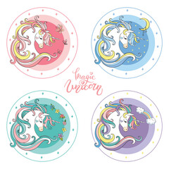 Set of cute colorful unicorns vector illustration