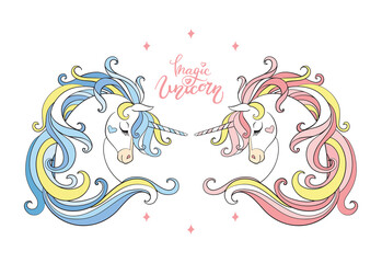 Two magic cute cartoon unicorns vector illustration