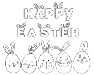 Happy easter. Coloring book for children with Easter bunnies, lettering. Easter eggs. Happy Easter lettering card. Vector illustration.