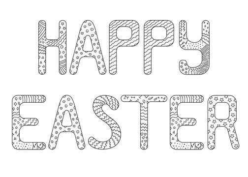 Happy Easter lettering card. Antistress zentangle coloring page. Hand drawn lettering poster for Easter. Happy easter lettering with patterns.