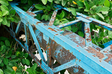 Rusty, colorful painted steel pipeline used in waste water management surrounded by green plants