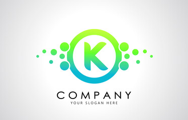Dots Letter K Logo in Blue and Green Gradient. Alphabet Dotted Logo Vector Design, EPS10.
