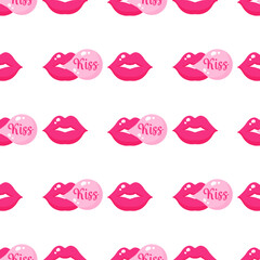 Seamless pattern of chewing gum with lips for the wedding or Valentine's Day.
